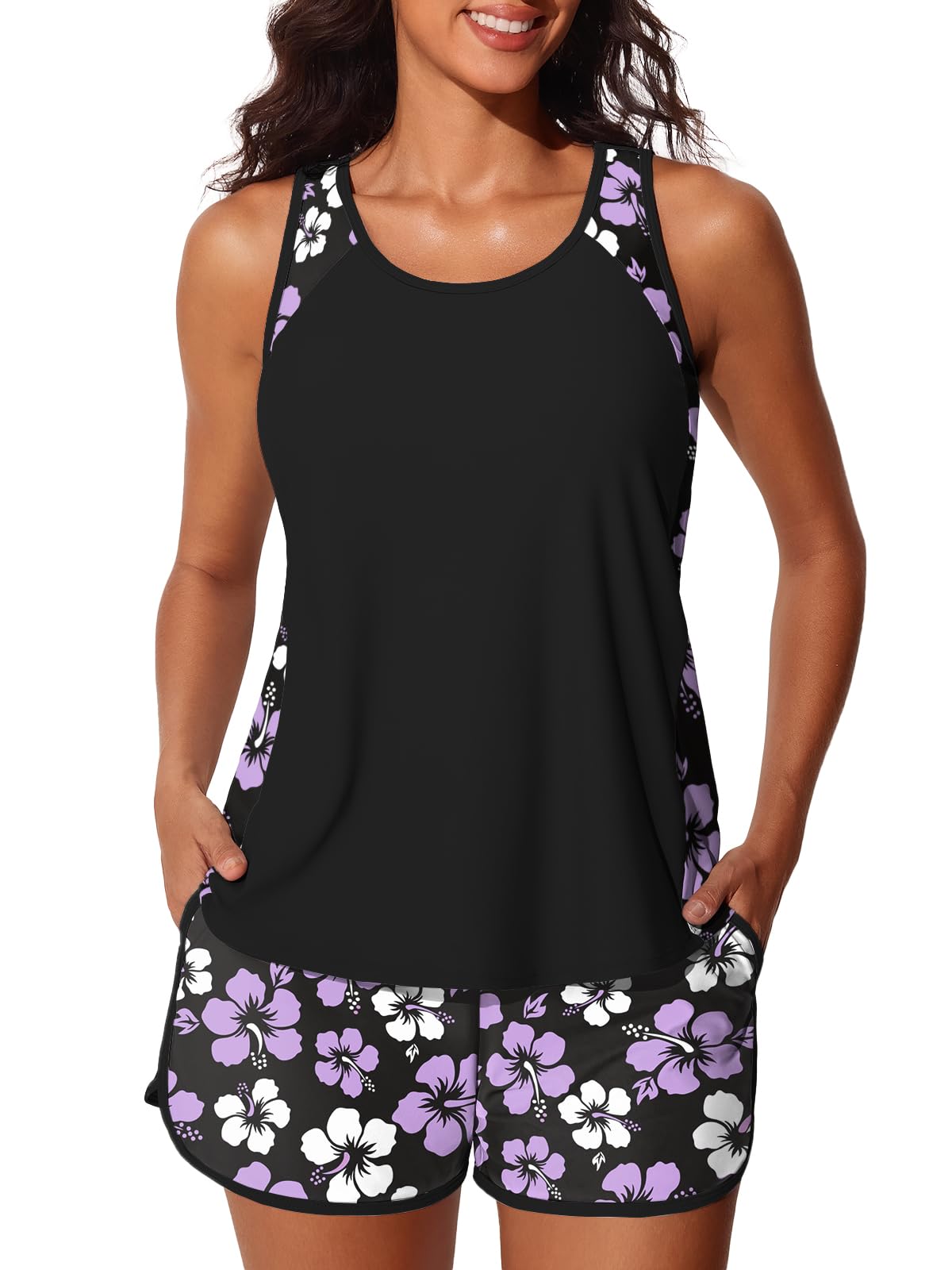 Summer Mae Blouson Tankini Swimsuits for Women 2026 Tummy Control Two Piece Bathing Suits with Sporty Pockets Swim Shorts Light Purple Floral Size 14
