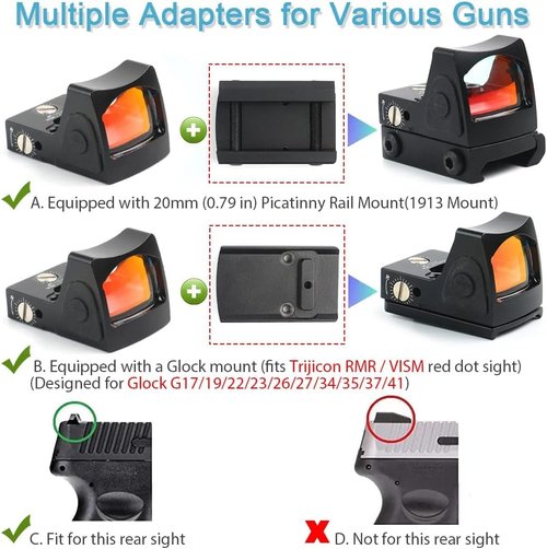 GOTICAL CNC-Machined Fiber Optic Set Front & Rear Handgun Sights for Glock Pistols Standard Models (Mini Red Dot Sight)