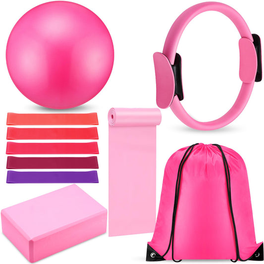 10 Pcs Pilates Ring Set for Women Home Yoga Equipment Accessories Pilates Ring Circle and Ball Workouts Gift Include Ball Yoga Circle Resistance Bands Block Straps Gym Bag(Pink)