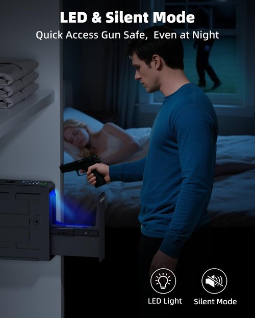 Gun Safe, Slider Biometric Gun Safe for Handgun Mounted Single Bedside Pistol Case with 3 Ways Quick Access Gun Lock Box for Nightstand, Bed, Desk, Wall, Dresser