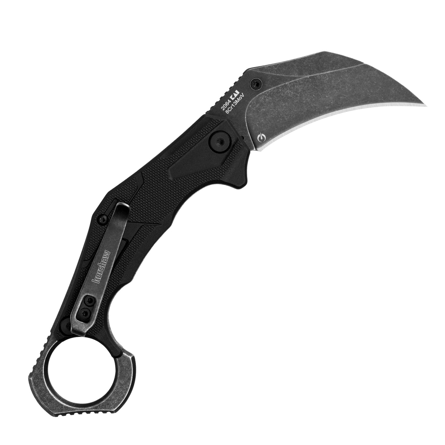 Kershaw Outlier, Tactical Karambit Style Folding Pocket Knife with Assisted Opening, Reverse Grip, Blackwash Finish on Black Handle, Liner Lock, 2.6 inch Blade with Deep Carry Pocketclip
