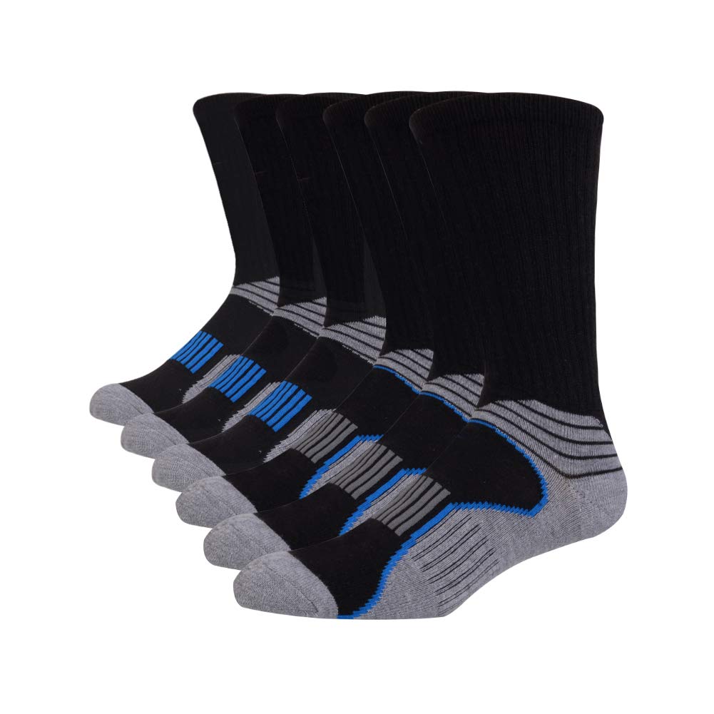 JOYNÉE Mens Athletic Performance Crew Socks for Running and Training 6 Pack,Black,Sock Size:10-13