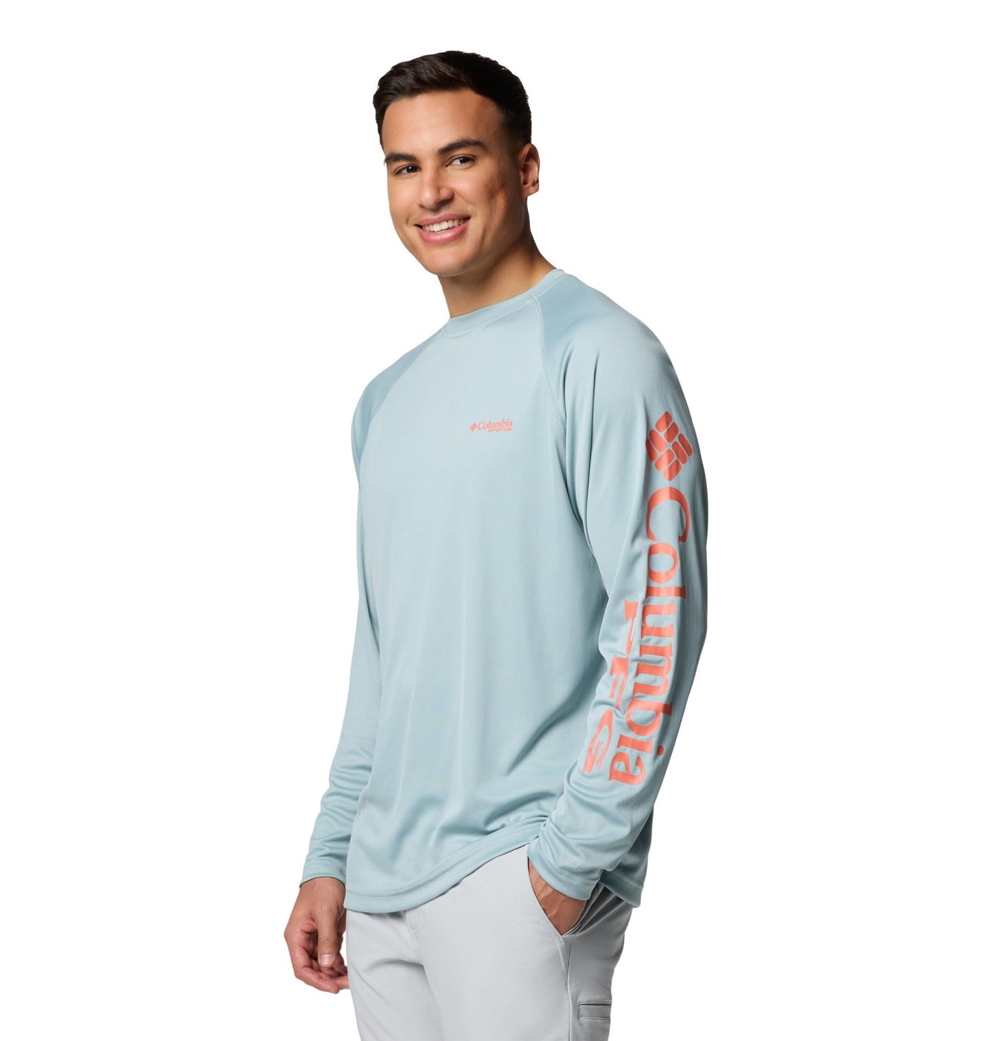 Columbia Men's PFG Terminal Tackle Long Sleeve Fishing Shirt, Crushed Blue/Faded Peach Logo, Small