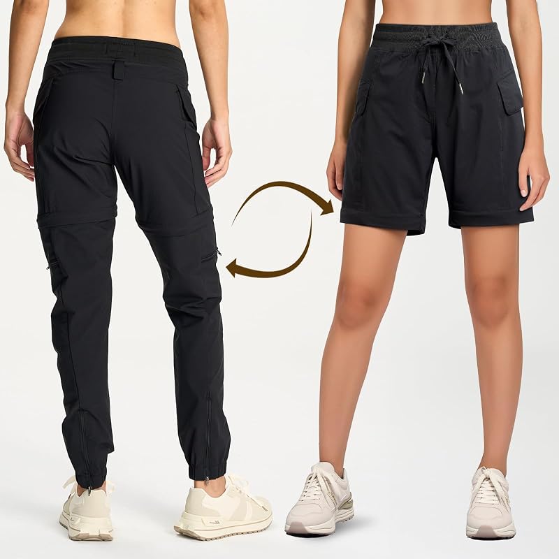 Smawell Convertible Hiking Pants - Lightweight Water-Resistant Joggers with 4 Pockets, Black, Medium