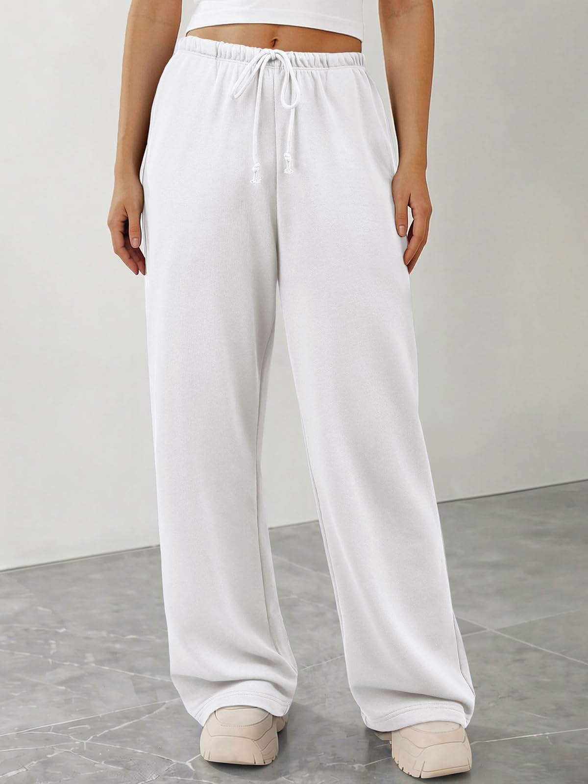 ATHMILE Womens White Wide Leg Sweatpants Long Straight Streetwear Drawstring Low Waist Casual Loose Baggy Workout Pants 2026