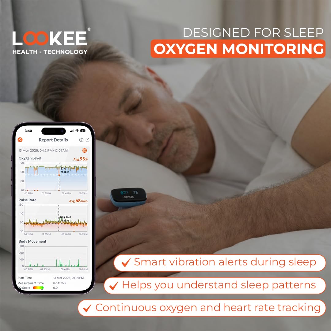 LOOKEE O2-Tracker Ring Continuous Pulse Oximeter - Wearable Oxygen Monitor with Vibration Reminder for Low O2 - Rechargeable Blood Oxygen Saturation SpO2 Meter - Free APP with Reports