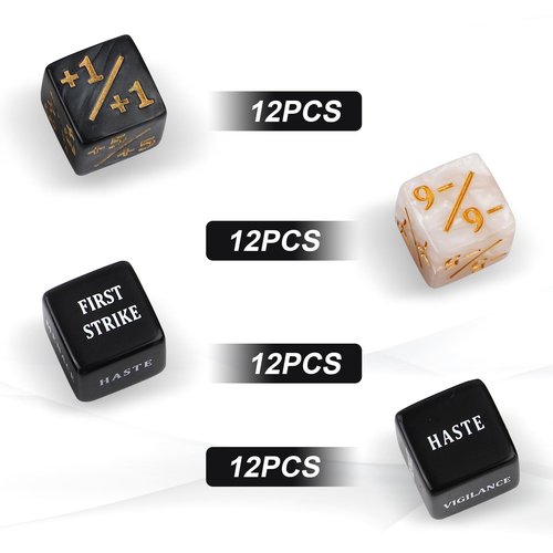 48pcs Abilities Keywords Counter Dice, Acrylic Creature Stats Buff Tokens Dice Set Magic Counters with Velvet Bag for MTG TCG Card Gaming Accessories for The Gathering Party Table Games Bars