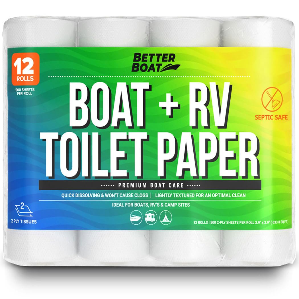 RV Toilet Paper 12 Rolls (500 Sheets Each) - Rapid Dissolving 2-Ply, Septic Safe for Camper & Marine, Individually Wrapped Camping Tissue - Better Boat