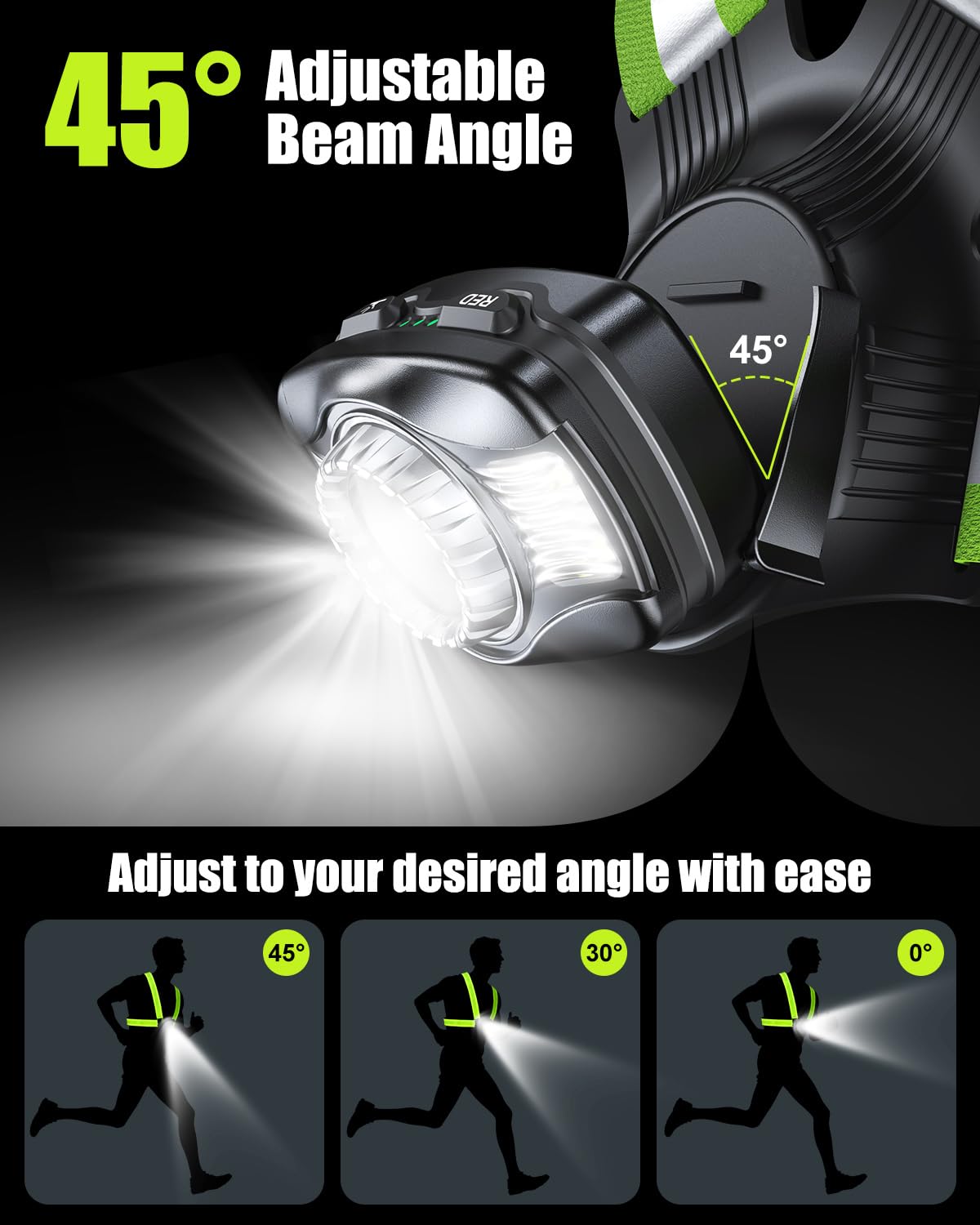 Dawinga Running Lights for Runners, 500 Lumens High-Visibility Running Light with 45° Adjustable Beam & IPX4 Waterproof, Rechargeable Reflective Vest Gear for Night Walking/Jogging, 4-20Hrs Runtime