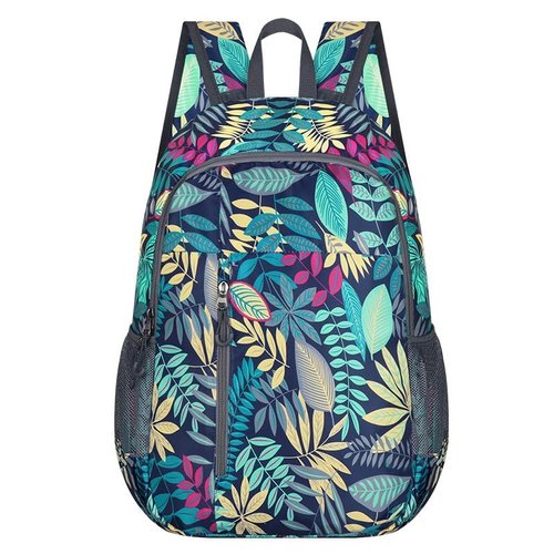 Lightweight Foldable Backpack Waterproof Nylon Travel & Hiking Bag, Spacious & Portable, Unisex (Blue Leaves)