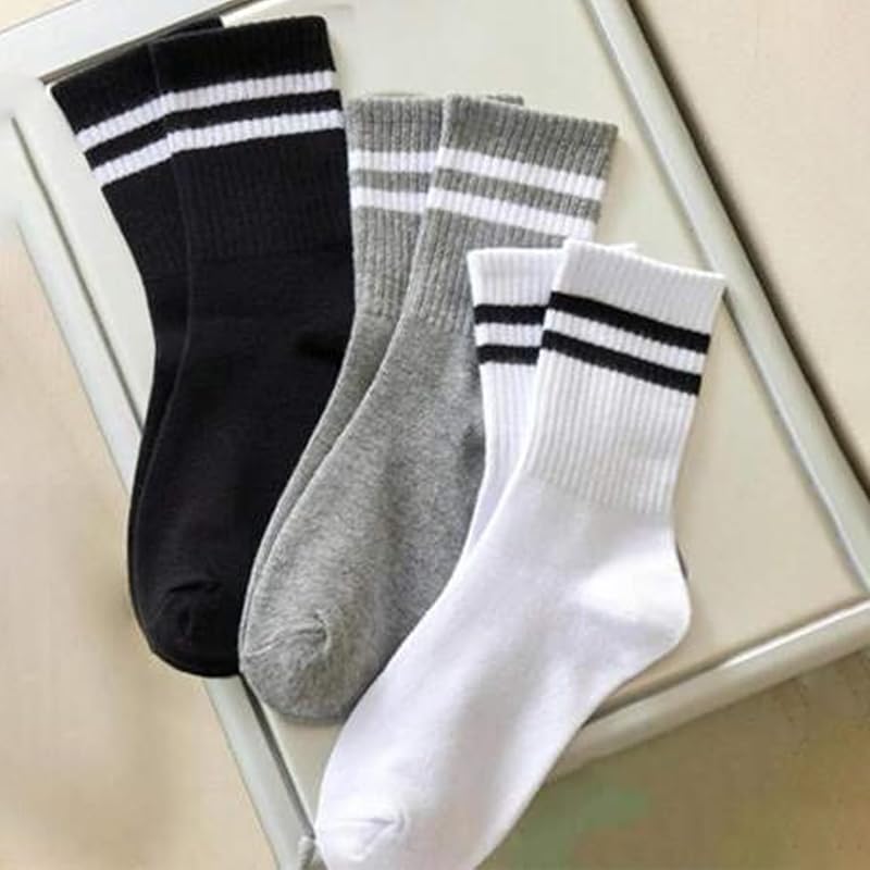 Unisex Striped Crew Socks 12 Pairs - Cotton Mid Crew, Size 5-9