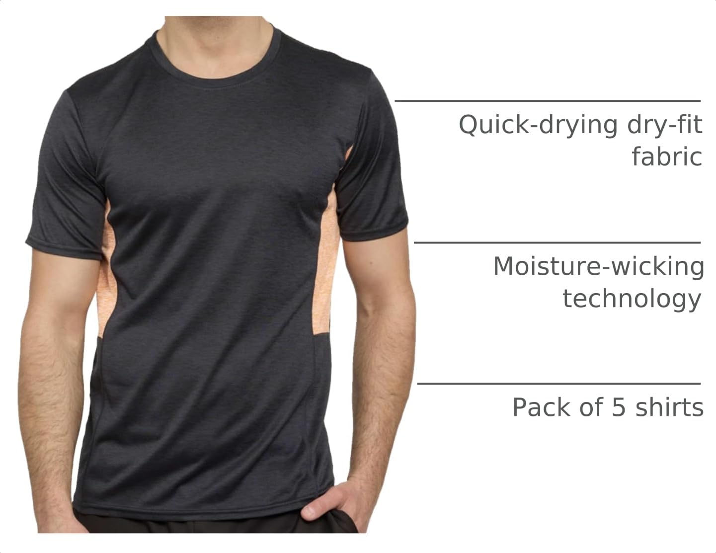 Real Essentials 5 Pack: Men's Dry-Fit Short Sleeve Crew Neck T Shirts Fitness Running Gym Workout Cool Exercise Athletic Tee, Set 7, X-Large
