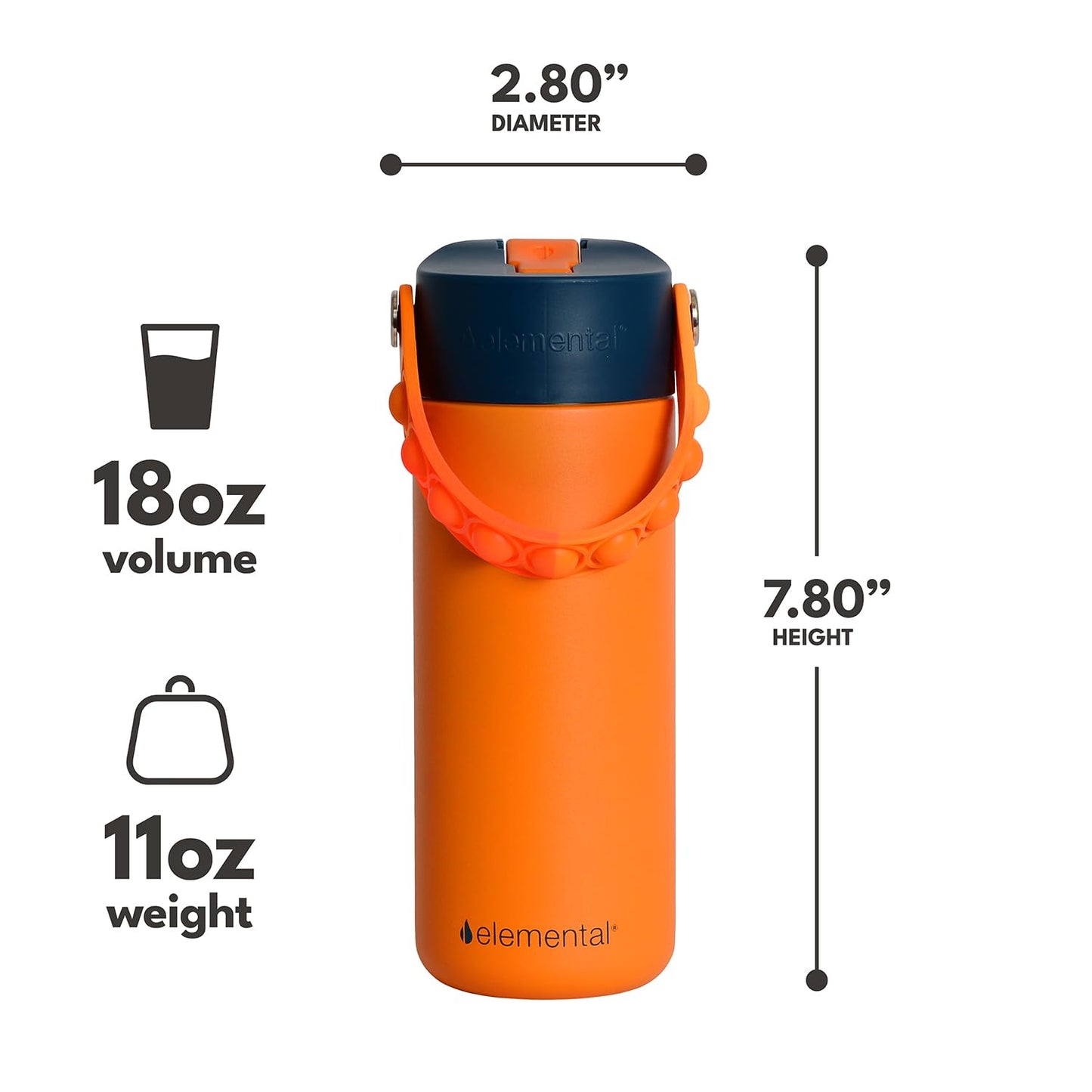 Elemental Insulated Kids Water Bottle, Stainless Steel Water Bottle with Straw Lid & Pop-It Handle, Leak-Proof Water Bottles for School, Boys or Girls, Travelling and Sports, 18oz - Orange Tie Dye