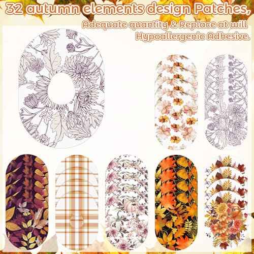 Geiserailie 32 Pcs Fall Adhesive Patches Compatible with Dexcom G7 Over Patches Waterproof and Sweatproof Sensor Cover Thanksgiving Flexible and Breathable Pre-Cut Tape Stickers