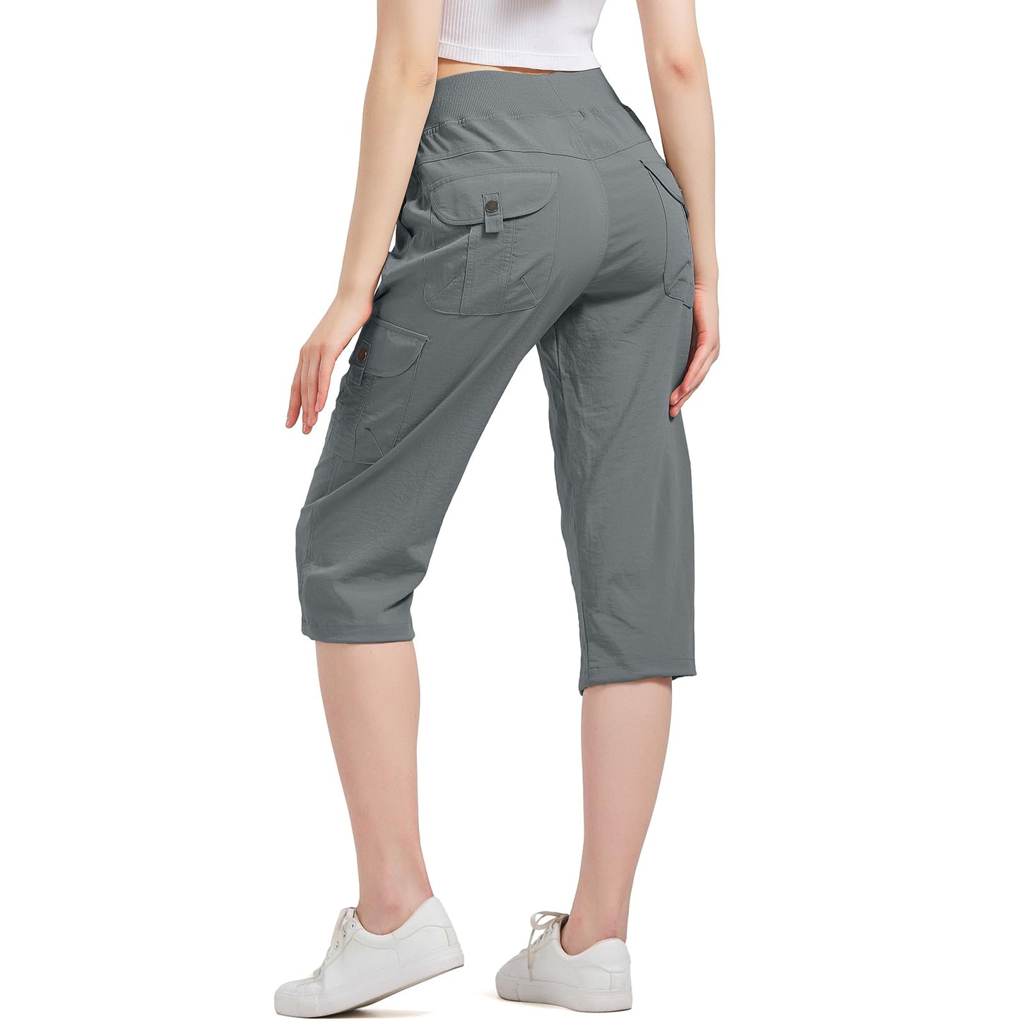Toumett Women's Cargo Capris Hiking Pants Quick Dry Lightweight Athletic Outdoor Travel Loose Fit Casual Capris with Pockets(2032,Grey,L)