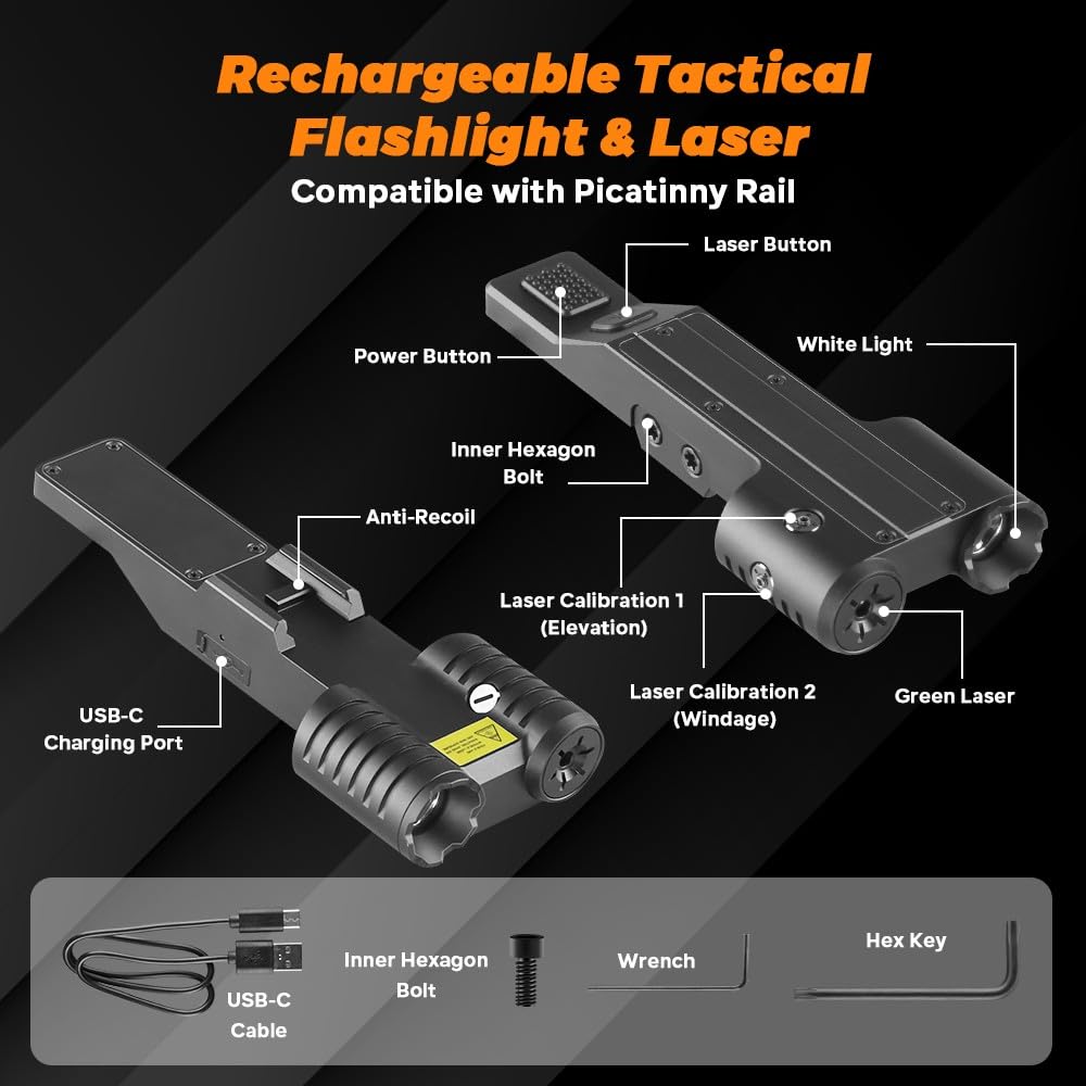BeanPro Tactical Flashlights Green Laser Light and White LED Combo with Strobe Mode, 1600 Lumen Rechargeable Picatinny Rail Rifle Weapon Light