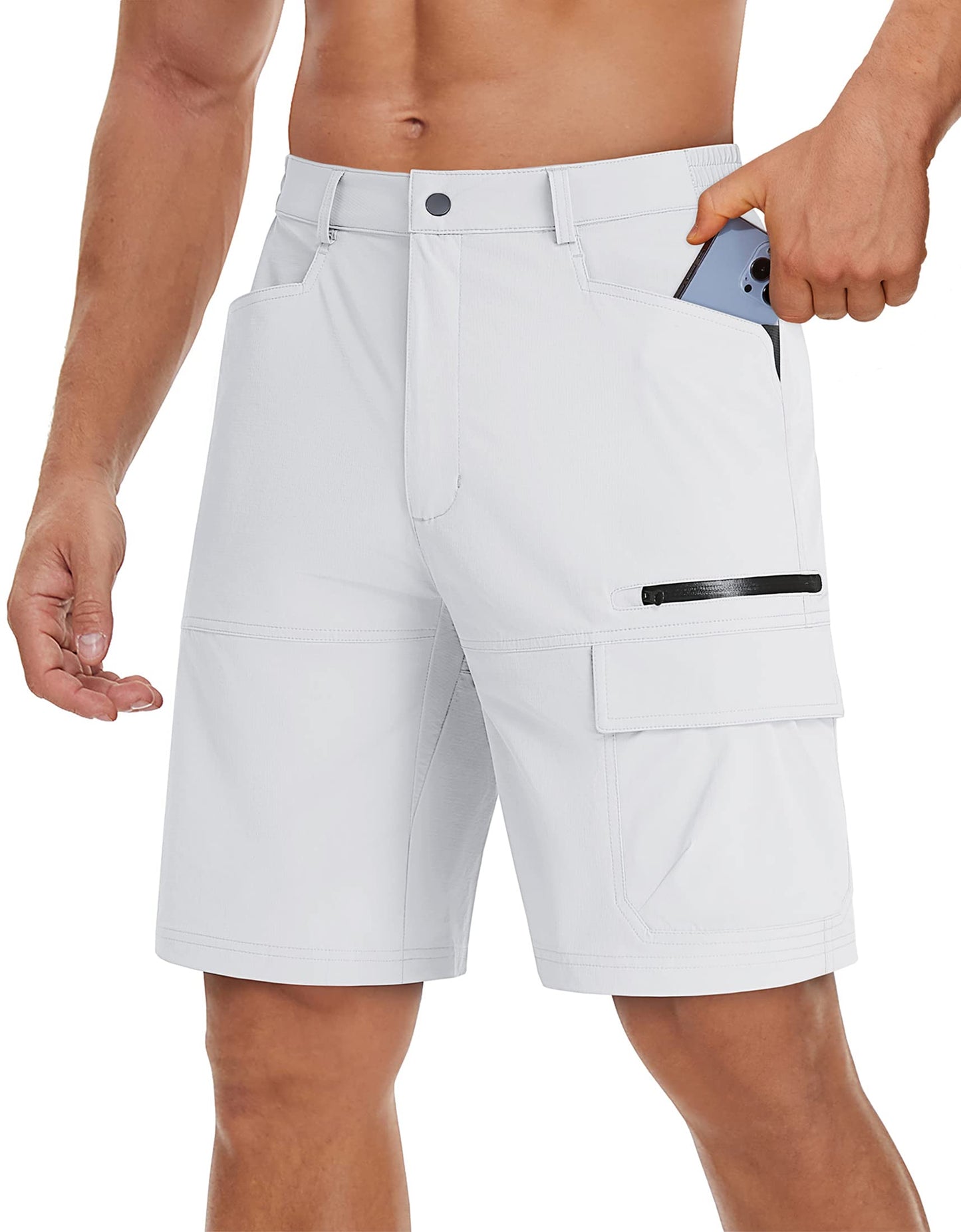 TACVASEN Mens Golf Shorts 10" Cargo Casual Dress Shorts Quick Dry Water Resistant Summer Hiking Travel Business Zipper Pockets White 32