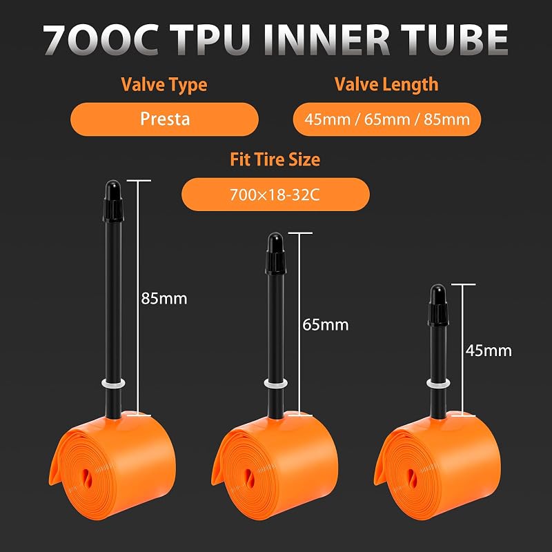 Ultralight TPU Inner Tubes 700C 18-32C with Presta Valves - 4 Pack (65mm)