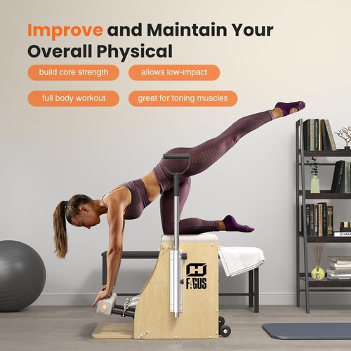 FAGUS H Pilates Pro Chair, Split-Pedal Stability Combo Chair with Handles, Yoga Fitness Trainer, Pilates Reformer Machine, Pilates Equipment Perfect for Home Use & Gym Workout, Burlywood / White Pad