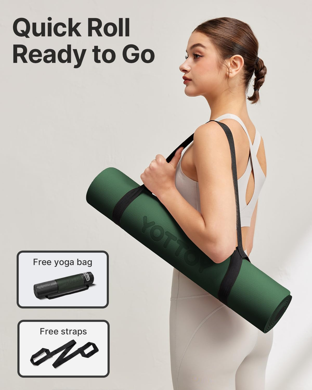 YOTTOY Yoga Mat, Non-Slip TPE Exercise Mat (1/4 Inch) for Pilates, Fitness & Barefoot Workouts, Home Gym Studio with Strap & Bag (Green, 24 * 0.24 Inches)