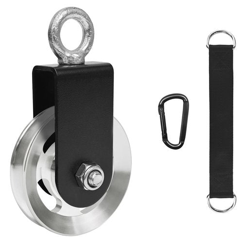 LFJ Aluminum Alloy Cable Pulley with Swing Strap Carabiner, 90mm Pulley Wheel for LAT System DIY Pull Down Attachment,Ladder Lift,Home Gym Equipment (Aluminum Alloy, Silver)