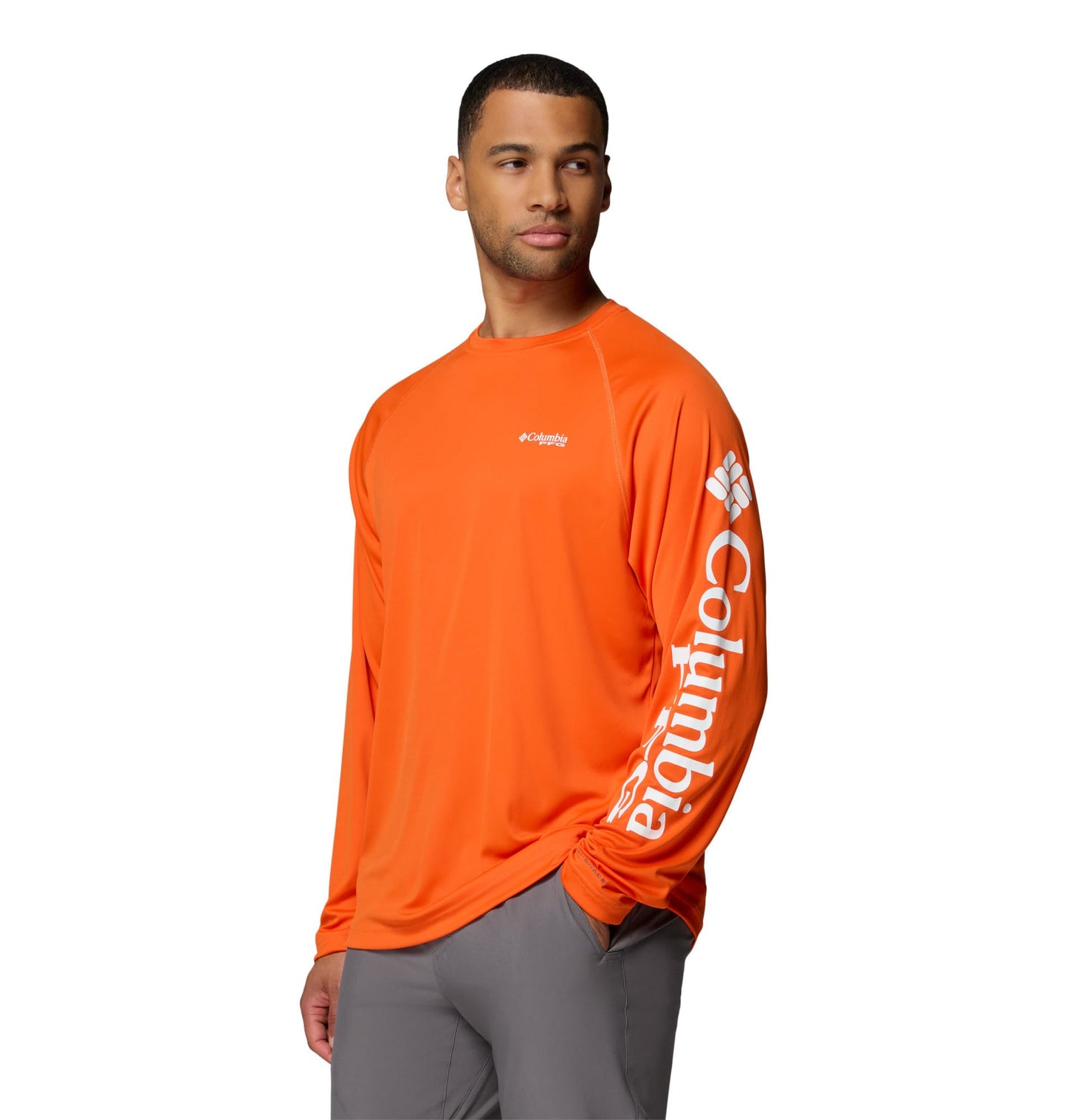 Columbia Men's PFG Terminal Tackle Long Sleeve Fishing Shirt, Spark Orange/White Logo, 4X Tall
