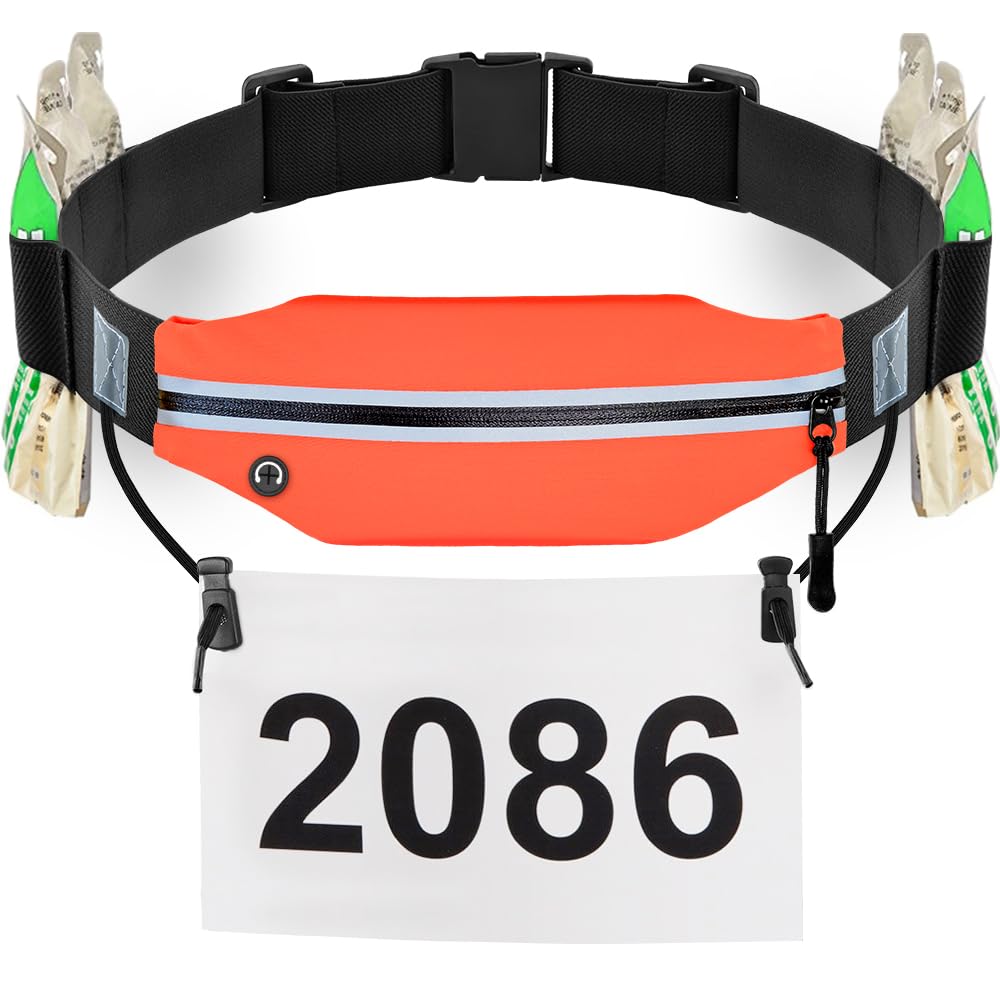 RJ-Sport Triathlon Belt with Pouch - Race Number Bib Holder with 6 Gel Loops, Ideal for Running, Cycling & Marathon (Orange)
