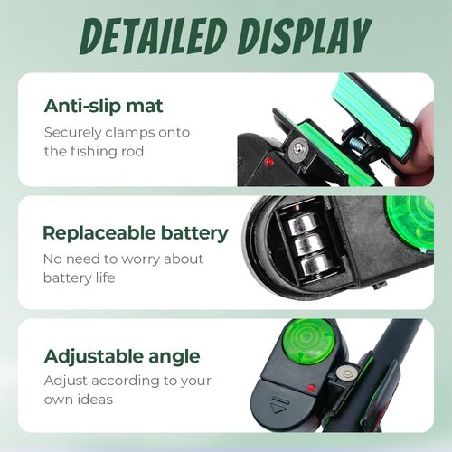 Fishing Bite Alarms with LED, Sensitive Electronic Fishing Bells for Rods, Sound Alert Indicators, Fishing Pole Bells for Bite Detection, Clip-On Fishing Alarm with Light & Sound (8, Black)