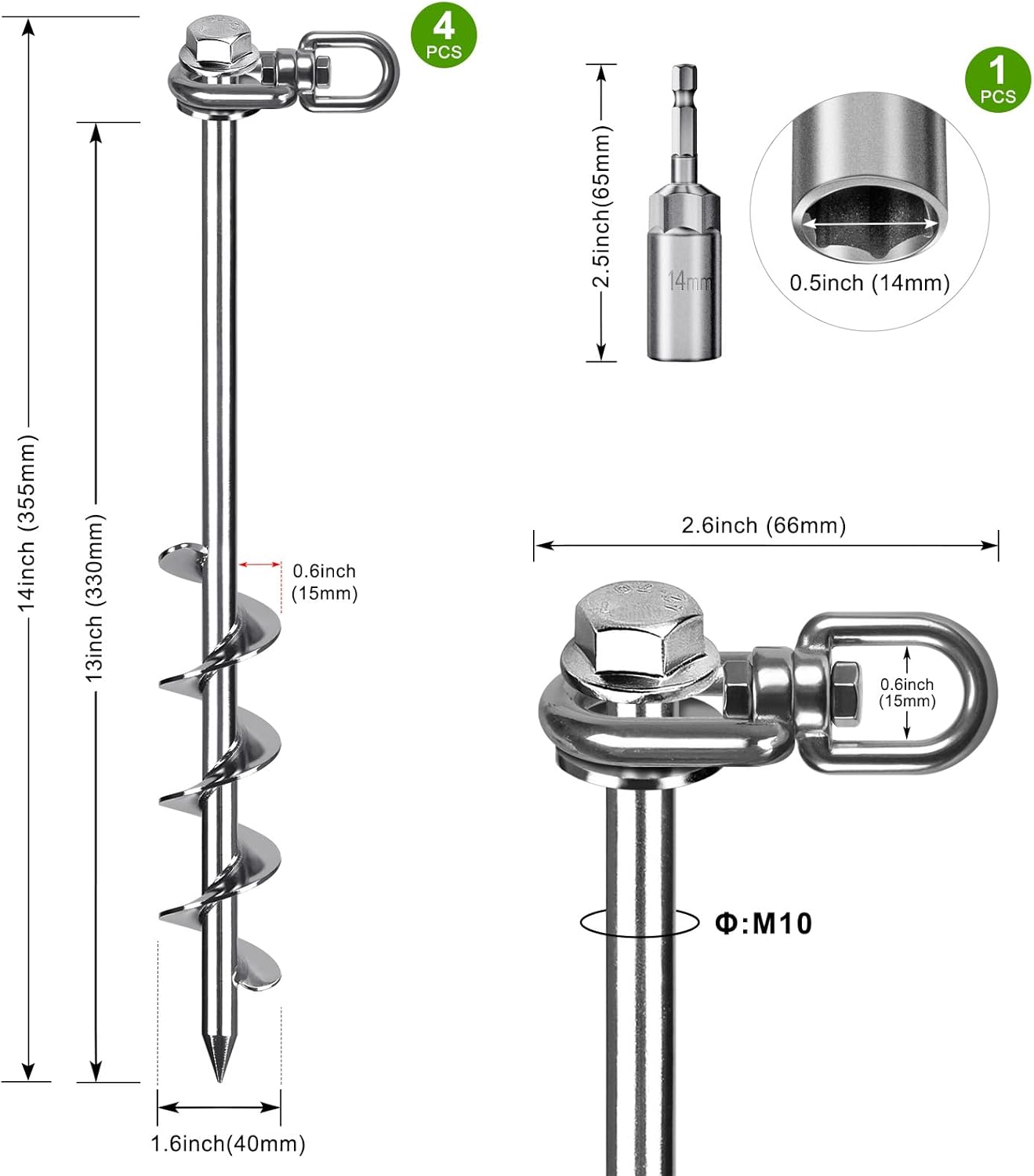 14" Ground Anchors with a Hex Head and 360° Swivel Adjustment (4Pack), Tent Stakes Heavy Duty for Trampolines, Mobile Homes, Swing Sets, Sheds, Carports, and Securing Animals - Chrome Plated