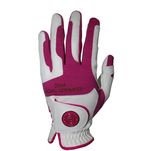 Copper Tech Plus All-Weather Golf Glove for Women – Copper Infused Compression, All-Weather Grip, Breathable 4-Way Stretch, Durable AAA Synthetic Leather – White/Fuchsia