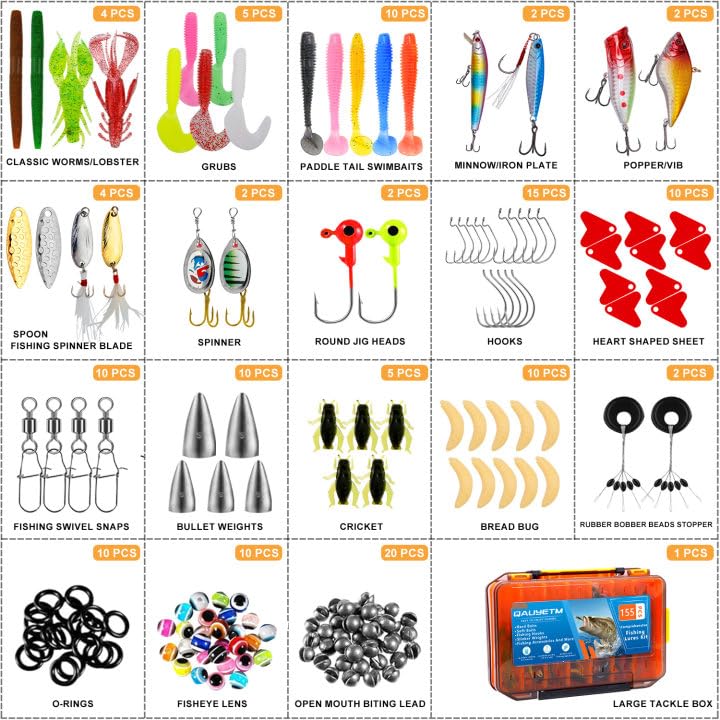155 Pcs Fishing Lures Kit with Tackle Box Include Fishing Hooks, VIB, Minnow, Spoons, Soft Baits, Weights and Other Accessories, Fishing Gear Gift for Men Bass Freshwater