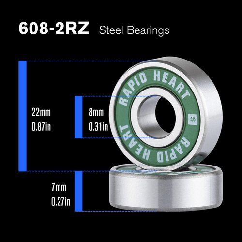 Rapid Heart 8 Pack 608 2RS Precision Steel Green Bearings. 30+ Second Spin Test. for Skateboards, Longboards, Inline & Roller Skates. Premium Quality, Affordable Price,High-Performance Alternative.