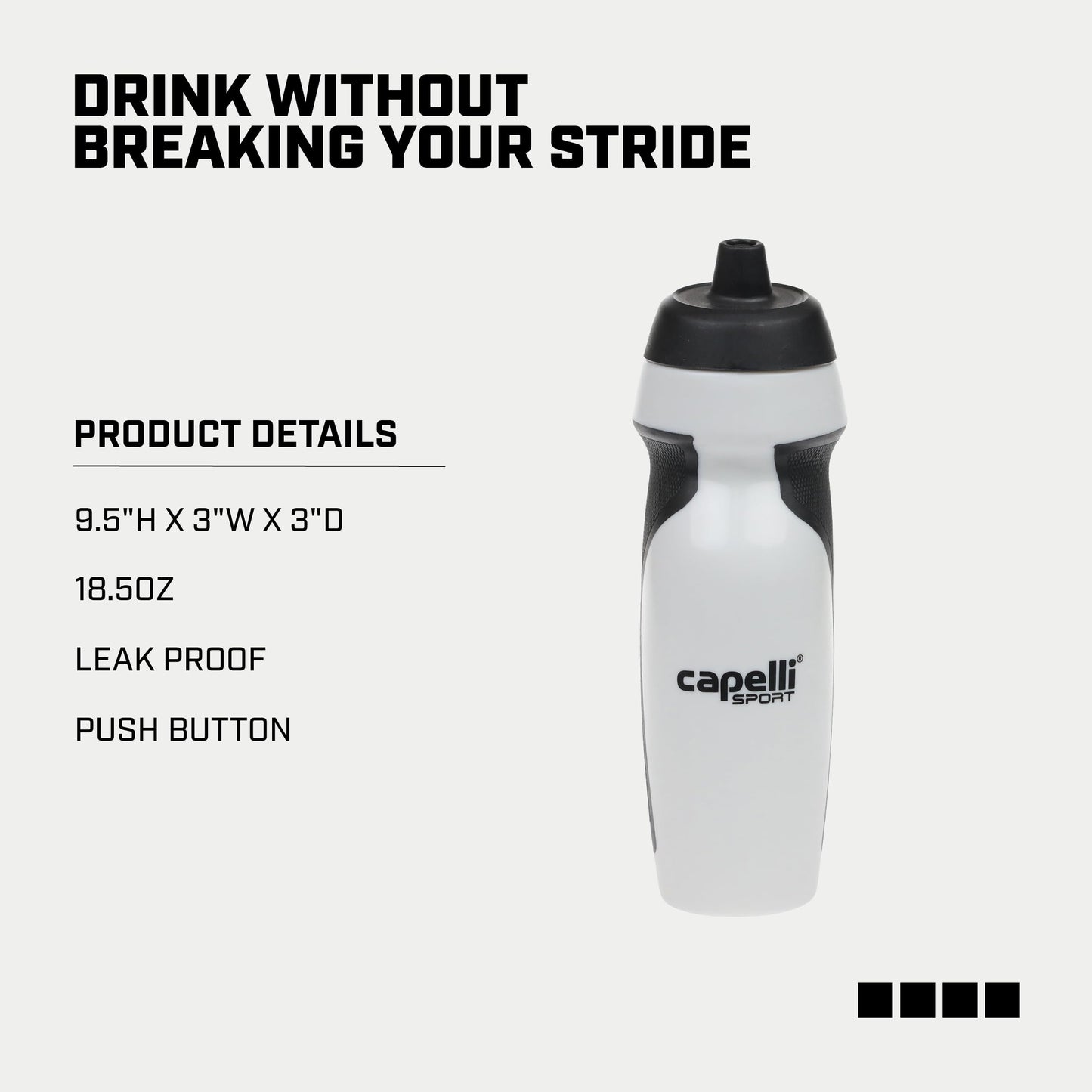 Capelli Sport Sports Water Bottle, Plastic Squeeze Water Bottle with Easy Open Nozzle and Grip Panels, White