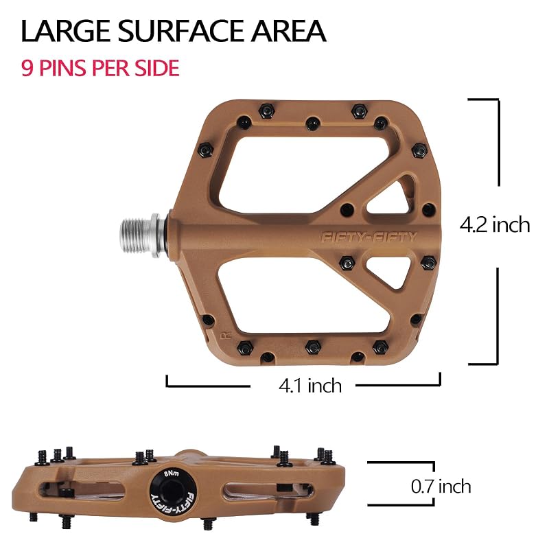 Non-Slip MTB Pedals - Nylon Composite Flat with 9 Pins per Side, 0.7in Thick (Gum Variation)