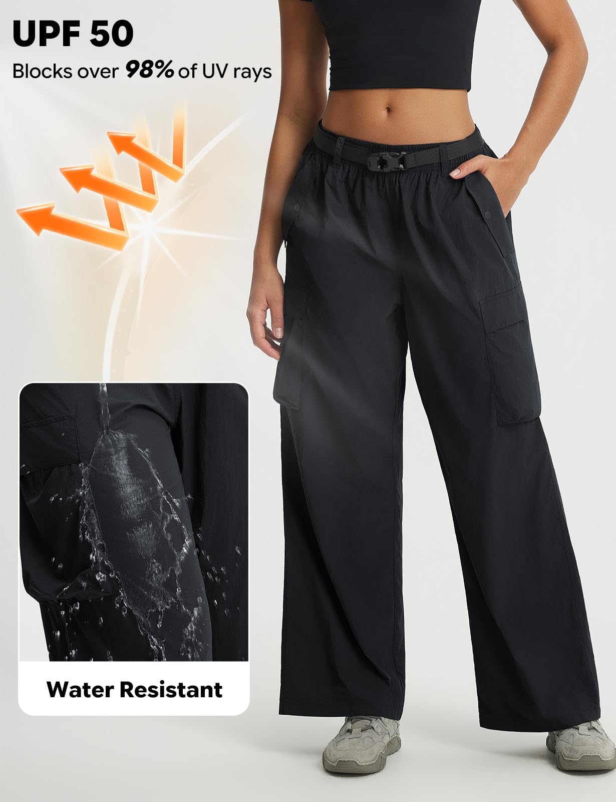 baleaf Women's Lightweight Hiking Pants Quick Dry Wide Leg Outdoor Pants for Women Travel Cargo Pants with Pockets Black L
