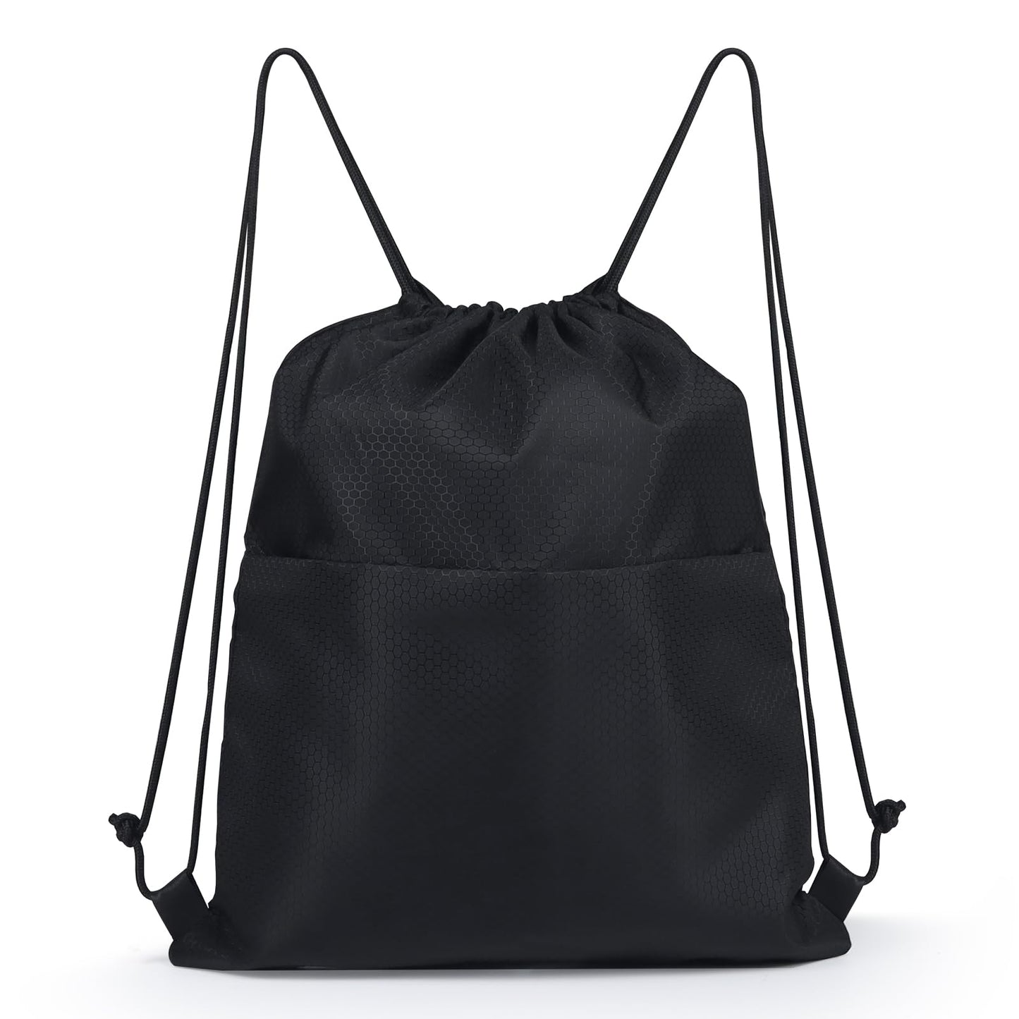 Moyad Drawstring Backpack Gym Bag for Men & Women, Lightweight Swim Bag with Front Zipper Pocket for Sports, Beach, Travel, Yoga, Soccer, Basketball - Honeycomb Black