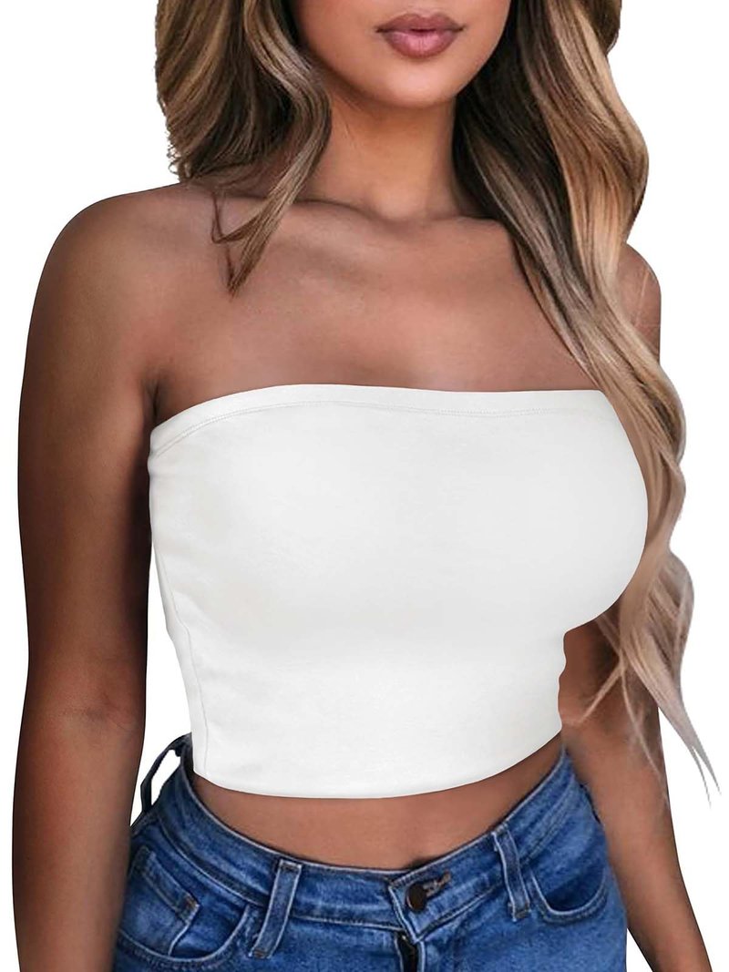 Womens Tube Top Basic Summer Strapless Crop Tops Sexy Sleeveless Shirts(White, L)