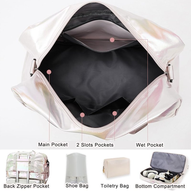 JEWYOCO Gym Bag for Women Sports Travel Duffel Bag with Toiletry Bag Weekender Overnight Carry On Bag with Shoes Compartment Wet Pocket for Women Girls Yoga Dance Tote Workout Hospital Swim Bags White
