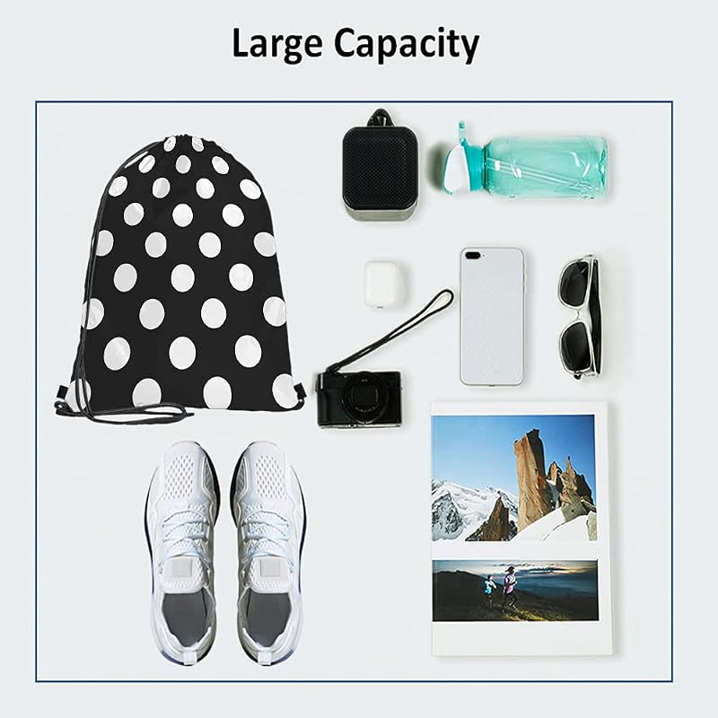 Drawstring Gym Backpack 14x16.9 Inch - Marble Texture, Black White Polka Dots, Multi-Variant a55+14x16.9 Inch