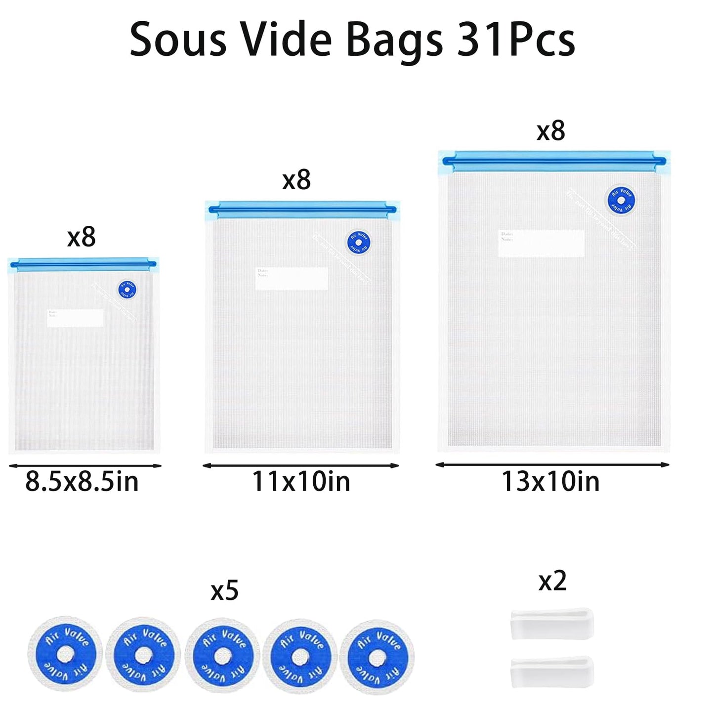 Sous Vide Bags 31 Pcs (24 Pcs Vacuum Zipper Bags & 2 Seal Clips & 5 Air Valves),Reusable BPA Free Vacuum Sealer Bags Vacuum Food Storage Bags for Cooking/Food Storage/Microwave Heating