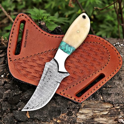Custom Handmade 7-Inch Fixed Blade Cow Hoof Rasp Knife with Turquoise Handle and Leather Sheath - BONE Variation