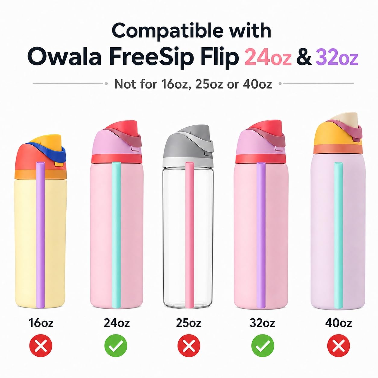 Joshey 6PCS Replacement Straws for Owala FreeSip 24oz & 32oz Water Bottles - Reusable Plastic Straws with 1 Cleaning Brush, Travel Tumbler Accessories Parts - 3 Colors (Pink, Green, Purple)