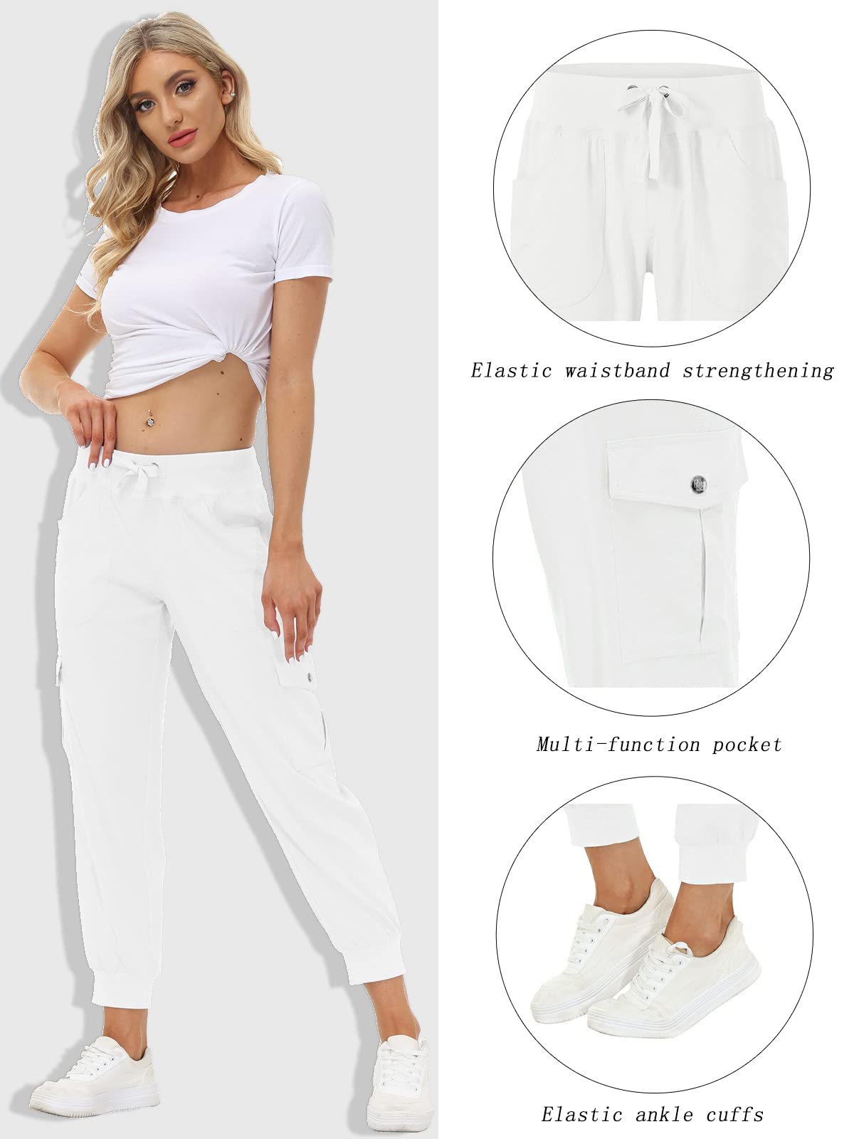 MoFiz Women's Cargo Pants Hiking Joggers Summer Lightweight Quick Dry Athletic Outdoor Sports Sweatpants Travel Casual Button Pockets Rice White XL