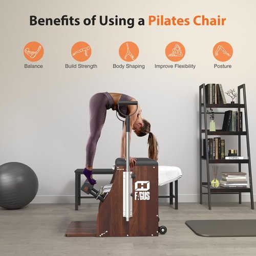Pilates Pro Chair, Split-Pedal Stability Combo Chair with Handles, Yoga Fitness Trainer, Pilates Reformer Machine, Pilates Equipment Perfect for Home Use & Gym Workout, Black Walnut and Black Pad
