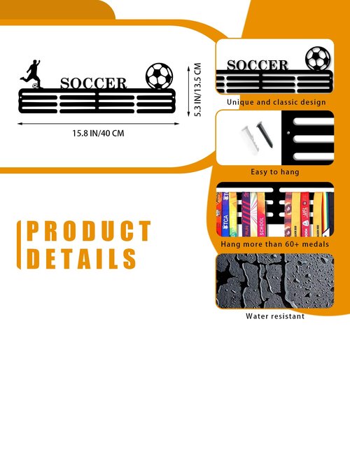 Resama Soccer Medal Hanger Holder Display Rack for Awards Ribbons Personalized Medal Sports Themed Race Ribbon Holder for Wall Metal Display for Men Boy Girl Kid