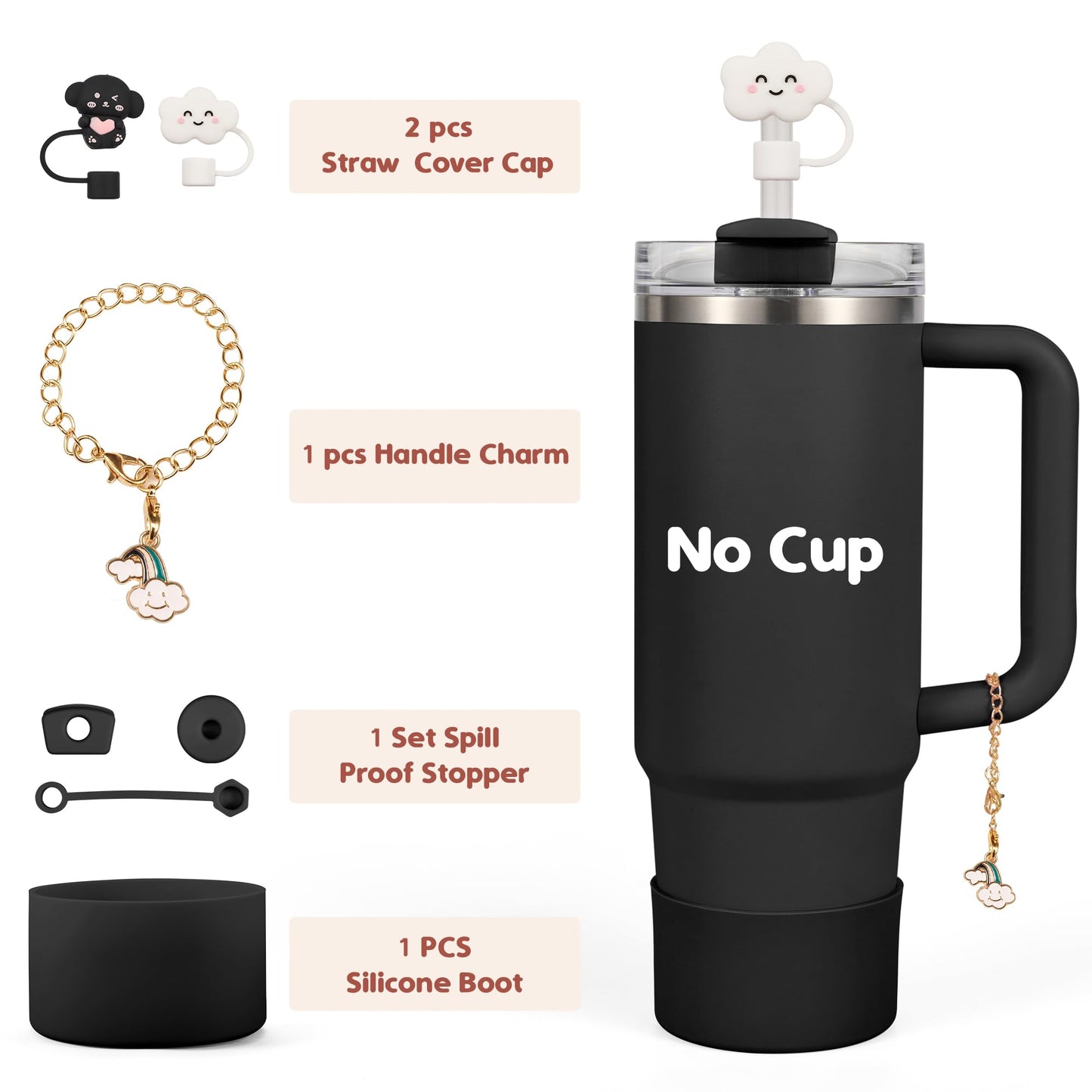 Noxgifix Stanley Cup Accessories Set,With 2 Pcs 10mm 0.4in Stanley Straw Cover,1 Silicone Protective Boot,3 Pcs Silicone Spill Proof Stopper,1 Handle Charm,for Stanley Cup 30&40 OZ Tumbler Accessories