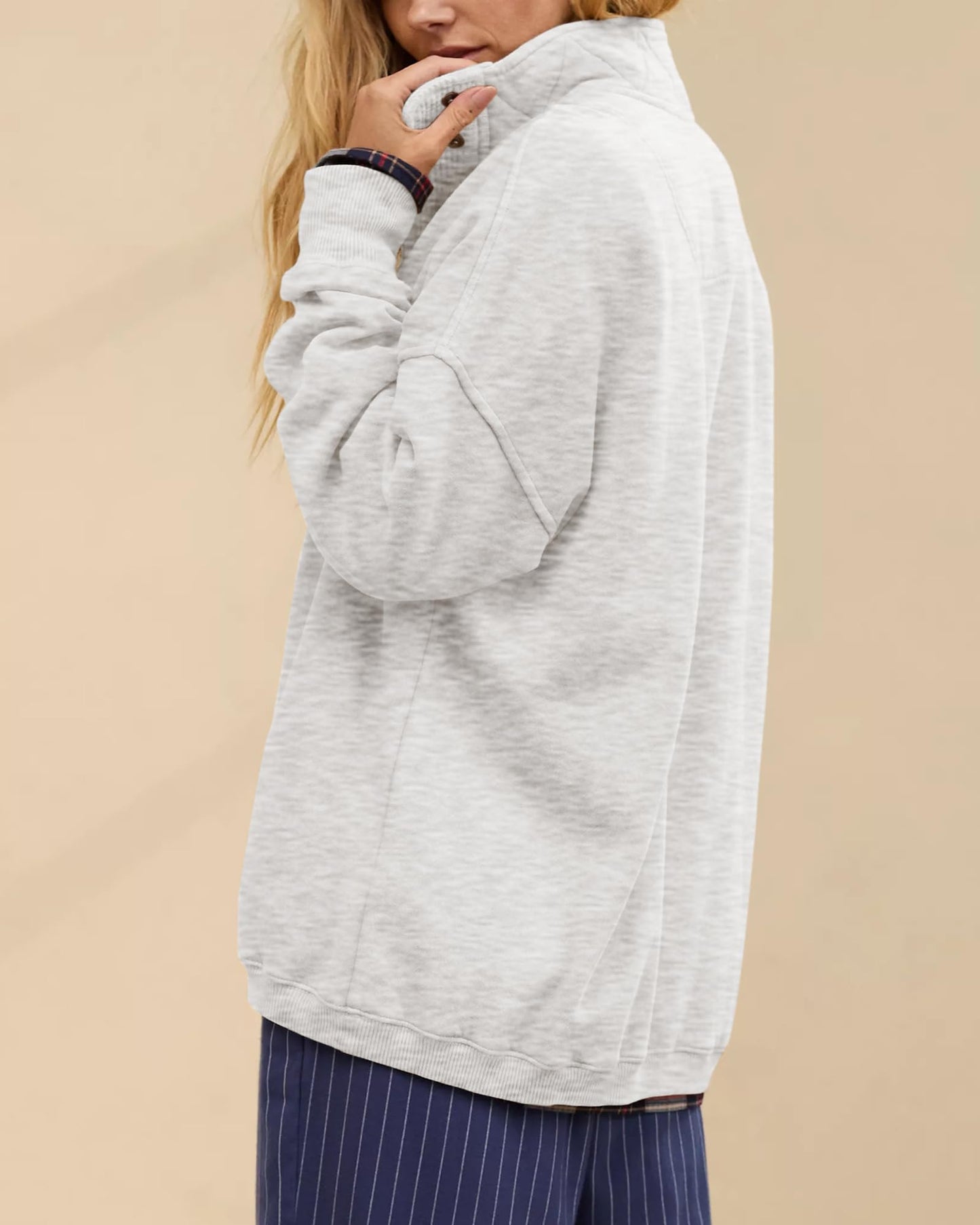 Gacaky Sweatshirt for Women Oversized Casual Long Sleeve Button Henley Neck Pullover Tops Fashion Outfits Clothes Light Gray S