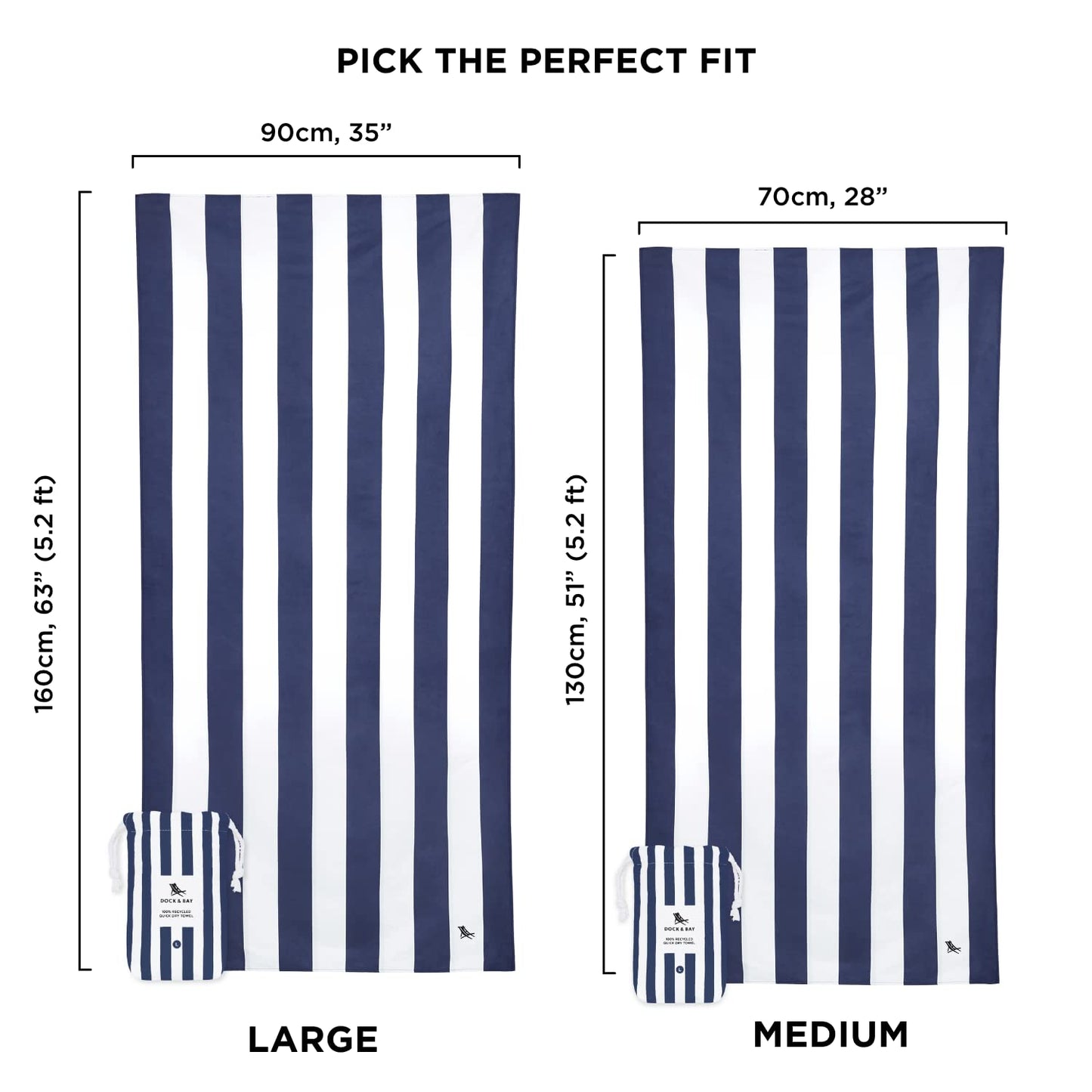 Dock & Bay Beach Towel - Quick Dry, Sand Free - Compact, Lightweight - 100% Recycled - Includes Bag - Cabana - Whitsunday Blue, Medium (130x70cm, 51x27)