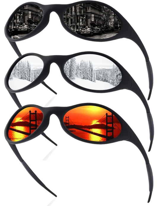 ICARA 3 Pack Sport Polarized Sunglasses for Men and Women All Day Comfort UV400 Protection for Cycling Fishing Driving (3 Pack-Black/Silver/Orange)