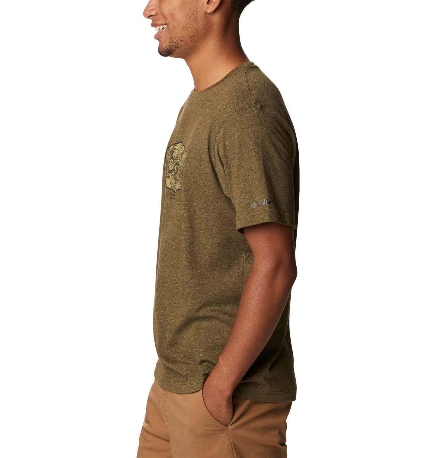 Columbia Men's Thistletown Hills Graphic Short Sleeve, Olive Green Heather/Wanderland Graphic, Medium
